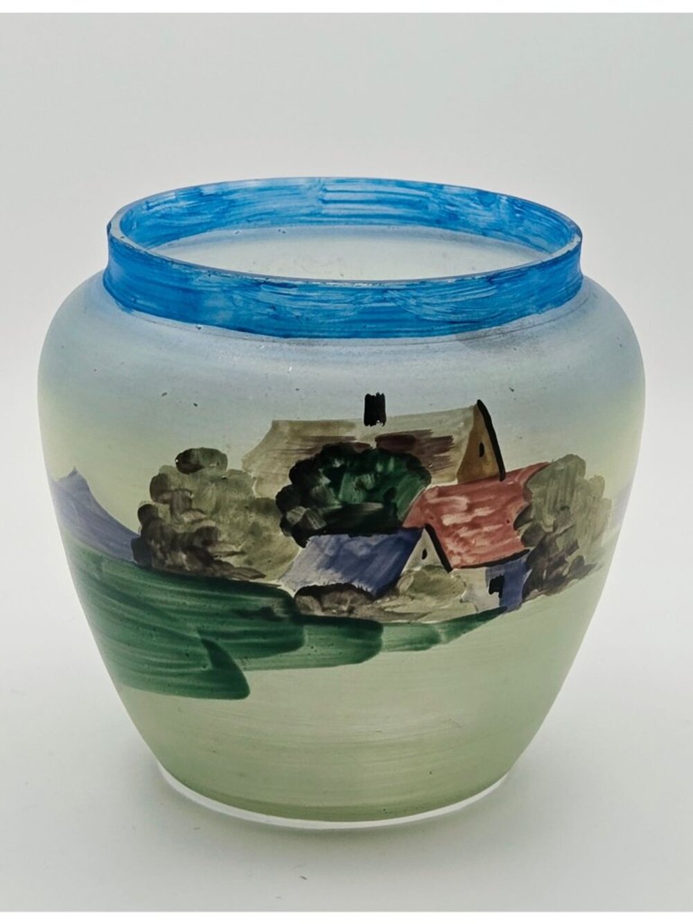 Vintage Czech Hand Painted Glass Vase Village Scene Blue Rim SlovaKia, Very Good